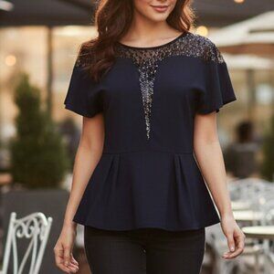 Kazo Navy Blue Blouse - Short Sleeve - Medium